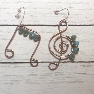 BOGO 50% OFF! Music Note Earrings. Copper and Teal Blue/Green Beads. Handmade